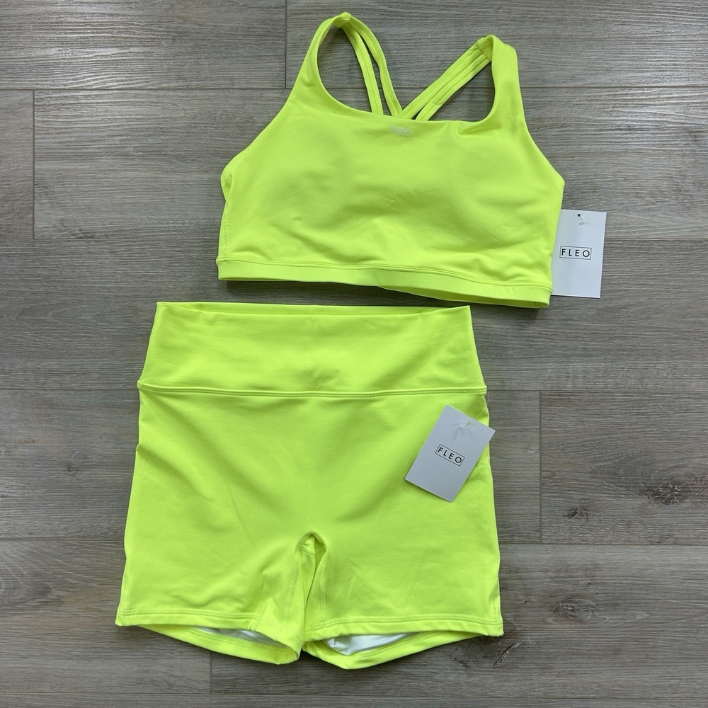 NWT Fleo XL Charge Short 5" No Front Seam Higher Rise Isla Sport Bra Neon Yellow